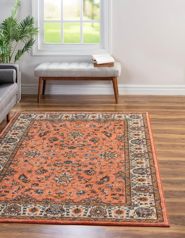 Washable Salmon 6' 7 x 9' Medina Rectangle Area Rug Easy to Clean Stain Resistant & Durable Polyester Classic Carpet for Home Decor & Design for Sale at Rug Engine