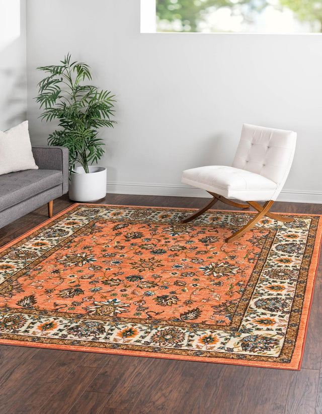 Washable Salmon 7' 10 x 7' 10 Medina Square Area Rug Easy to Clean Stain Resistant & Durable Polyester Classic Carpet for Home Decor & Design for Sale at Rug Engine