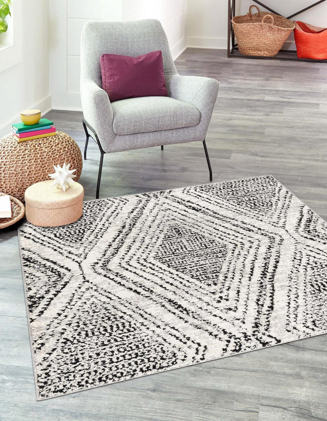 Black and White 5' 3 x 5' 3 Tagine Square Area Rug Durable 100% Polyester Modern Unique Easy Clean Carpet for Indoor Home Decor for Sale at Rug Engine