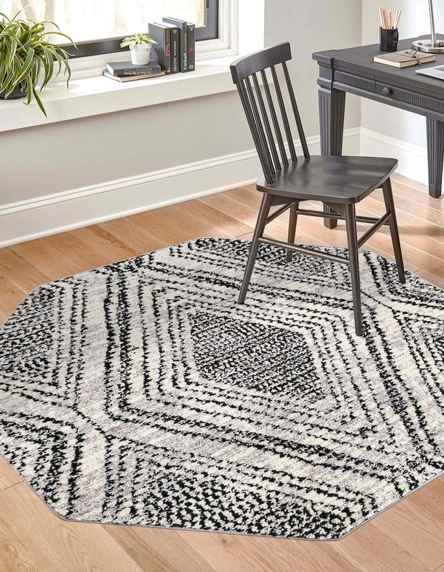 Black and White 7' 10 x 7' 10 Tagine Octagon Area Rug Durable 100% Polyester Modern Unique Easy Clean Carpet for Indoor Home Decor for Sale at Rug Engine