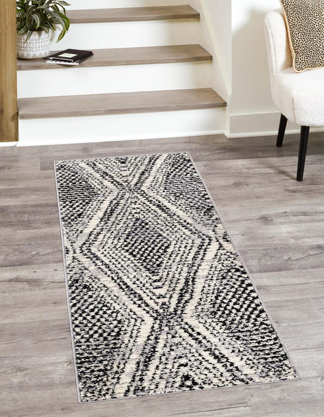 Black and White 2' x 10' Tagine Runner Area Rug Durable 100% Polyester Modern Unique Easy Clean Carpet for Indoor Home Decor for Sale at Rug Engine