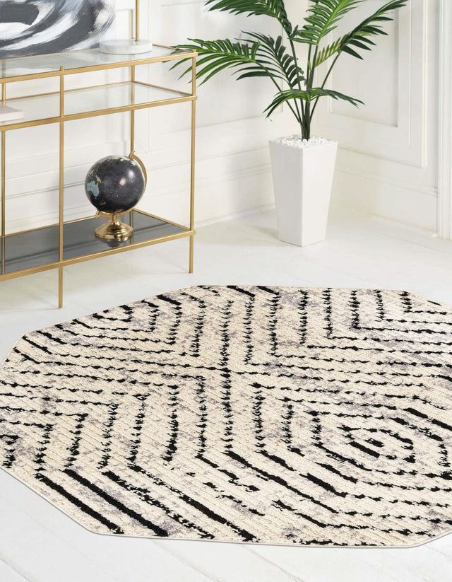 Black and White 5' 3 x 5' 3 Tagine Octagon Area Rug Durable 100% Polyester Modern Unique Easy Clean Carpet for Indoor Home Decor for Sale at Rug Engine
