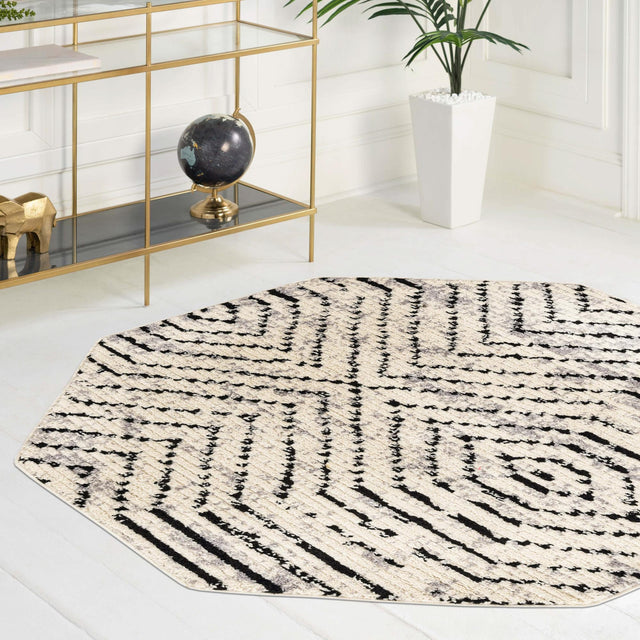 Black and White 7' 10 x 7' 10 Tagine Octagon Area Rug Durable 100% Polyester Modern Unique Easy Clean Carpet for Indoor Home Decor for Sale at Rug Engine