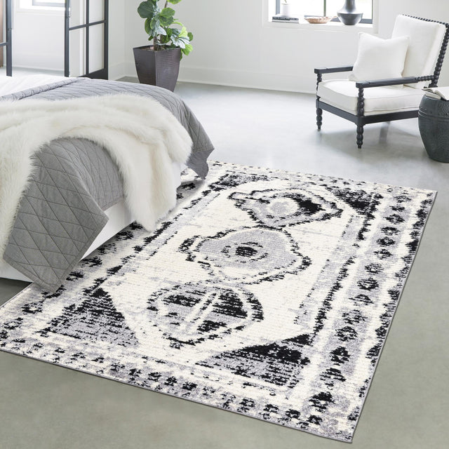 Black and White 6' x 9' Tagine Rectangle Area Rug Durable 100% Polyester Modern Unique Easy Clean Carpet for Indoor Home Decor for Sale at Rug Engine