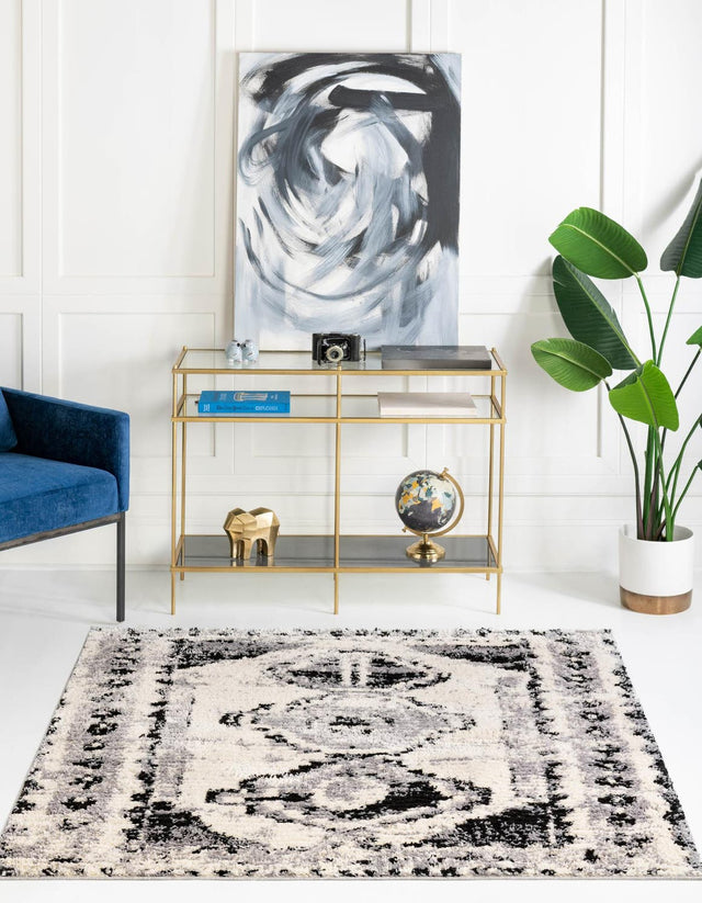 Black and White 7' 10 x 7' 10 Tagine Square Area Rug Durable 100% Polyester Modern Unique Easy Clean Carpet for Indoor Home Decor for Sale at Rug Engine