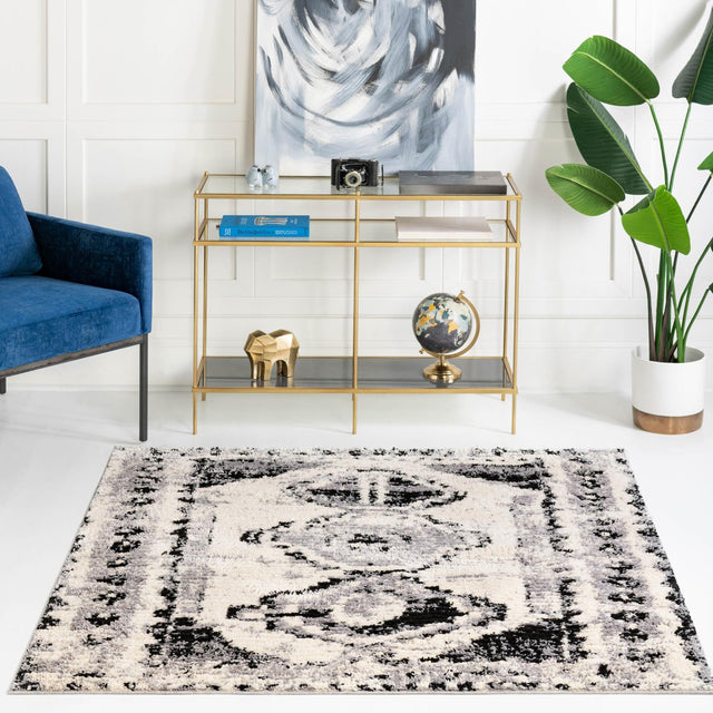 Black and White 5' 3 x 5' 3 Tagine Square Area Rug Durable 100% Polyester Modern Unique Easy Clean Carpet for Indoor Home Decor for Sale at Rug Engine
