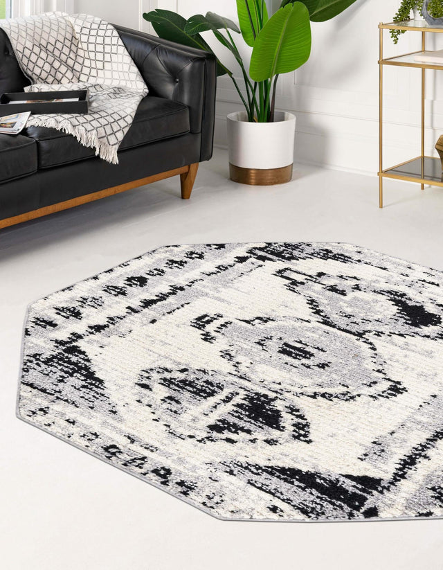 Black and White 5' 3 x 5' 3 Tagine Octagon Area Rug Durable 100% Polyester Modern Unique Easy Clean Carpet for Indoor Home Decor for Sale at Rug Engine