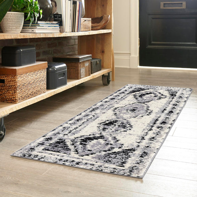Black and White 2' 7 x 12' Tagine Runner Area Rug Durable 100% Polyester Modern Unique Easy Clean Carpet for Indoor Home Decor for Sale at Rug Engine