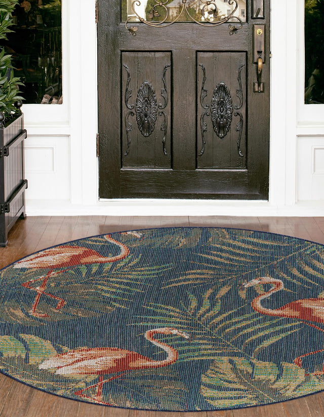 Navy Blue 5' 3 x 5' 3 Baja Outdoor Round Area Rug Weather Resistant for Patio, Deck, Terrace, Balcony, Porch 100% Polypropylene Modern Outside Decor for Sale at Rug Engine