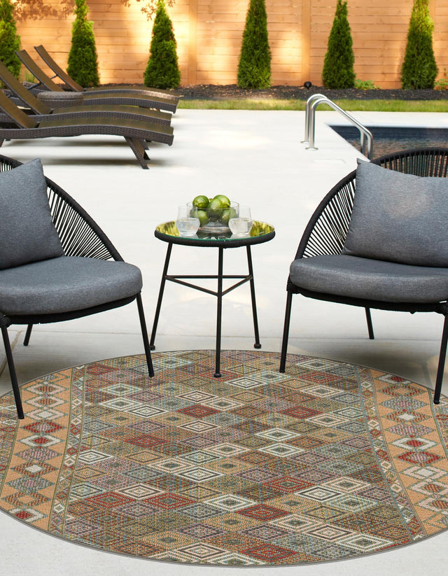 Multicolor 7' 10 x 7' 10 Baja Outdoor Round Area Rug Weather Resistant for Patio, Deck, Terrace, Balcony, Porch 100% Polypropylene Modern Outside Decor for Sale at Rug Engine