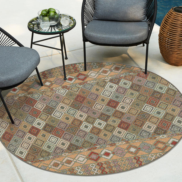Multicolor 7' 10 x 7' 10 Baja Outdoor Round Area Rug Weather Resistant for Patio, Deck, Terrace, Balcony, Porch 100% Polypropylene Modern Outside Decor for Sale at Rug Engine