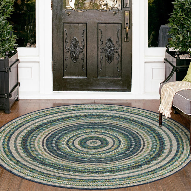 Blue 7' 10 x 7' 10 Baja Outdoor Round Area Rug Weather Resistant for Patio, Deck, Terrace, Balcony, Porch 100% Polypropylene Modern Outside Decor for Sale at Rug Engine