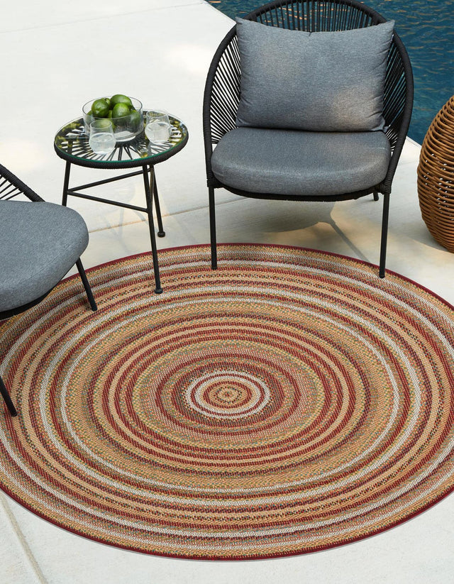 Burgundy 7' 10 x 7' 10 Baja Outdoor Round Area Rug Weather Resistant for Patio, Deck, Terrace, Balcony, Porch 100% Polypropylene Modern Outside Decor for Sale at Rug Engine