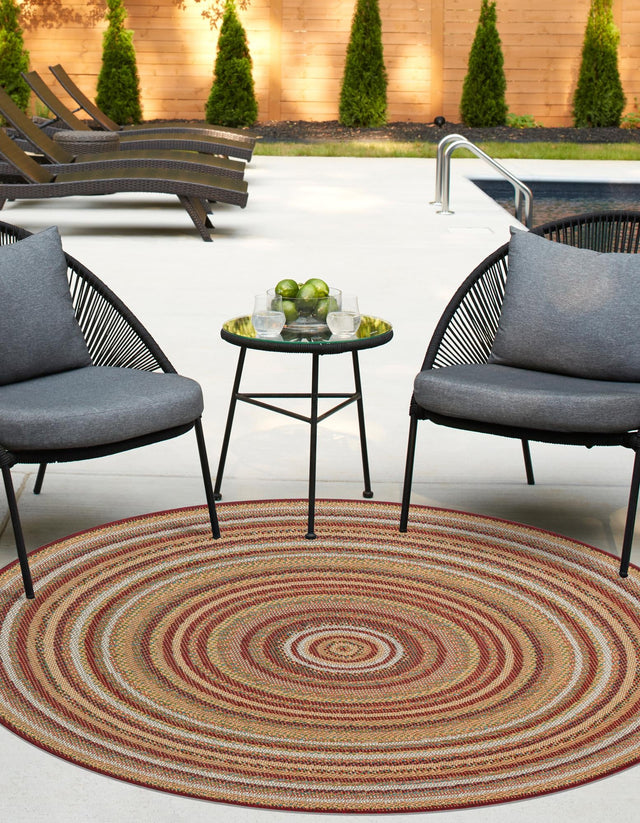 Burgundy 7' 10 x 7' 10 Baja Outdoor Round Area Rug Weather Resistant for Patio, Deck, Terrace, Balcony, Porch 100% Polypropylene Modern Outside Decor for Sale at Rug Engine