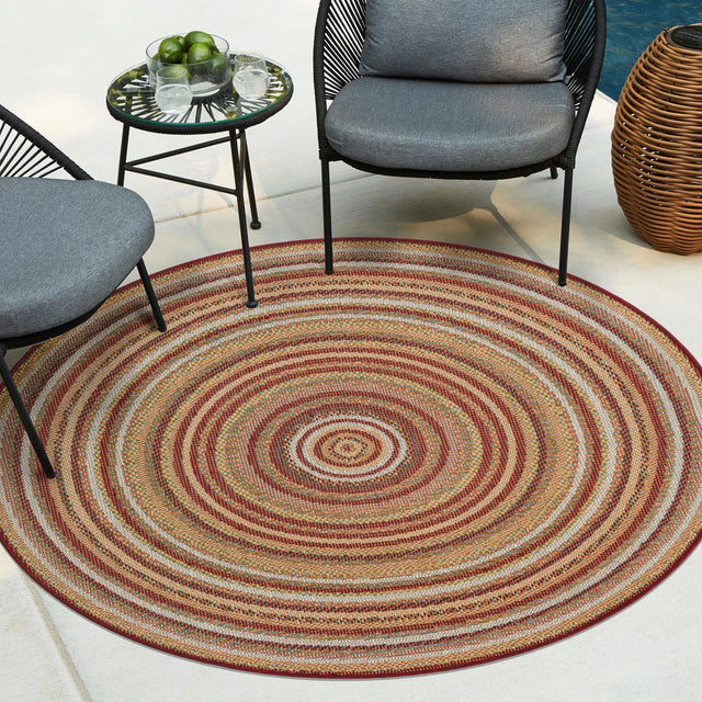 Burgundy 7' 10 x 7' 10 Baja Outdoor Round Area Rug Weather Resistant for Patio, Deck, Terrace, Balcony, Porch 100% Polypropylene Modern Outside Decor for Sale at Rug Engine
