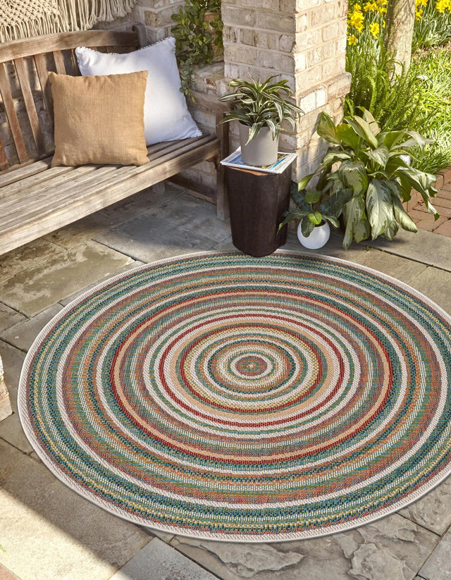 Multicolor 7' 10 x 7' 10 Baja Outdoor Round Area Rug Weather Resistant for Patio, Deck, Terrace, Balcony, Porch 100% Polypropylene Modern Outside Decor for Sale at Rug Engine