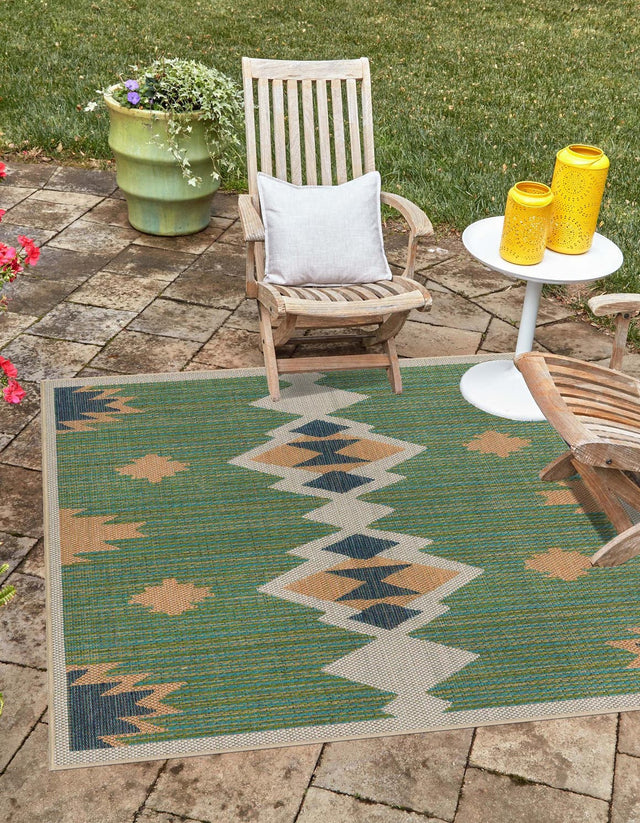 Green 12' x 12' Baja Outdoor Square Area Rug Weather Resistant for Patio, Deck, Terrace, Balcony, Porch 100% Polypropylene Modern Outside Decor for Sale at Rug Engine