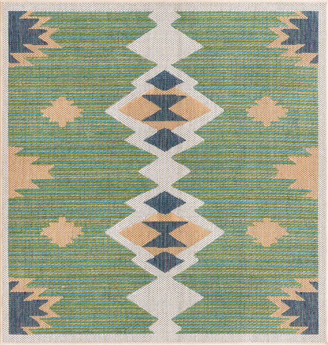 Green 5' 3 x 5' 3 Baja Outdoor Square Area Rug Weather Resistant for Patio, Deck, Terrace, Balcony, Porch 100% Polypropylene Modern Outside Decor for Sale at Rug Engine