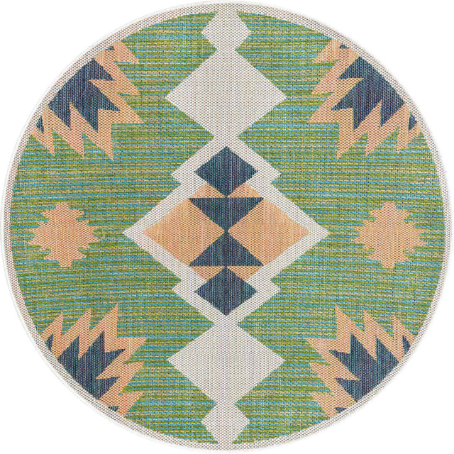 Green 5' 3 x 5' 3 Baja Outdoor Round Area Rug Weather Resistant for Patio, Deck, Terrace, Balcony, Porch 100% Polypropylene Modern Outside Decor for Sale at Rug Engine
