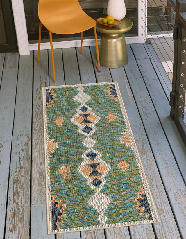 Green 2' x 5' 11 Baja Outdoor Runner Area Rug Weather Resistant for Patio, Deck, Terrace, Balcony, Porch 100% Polypropylene Modern Outside Decor for Sale at Rug Engine