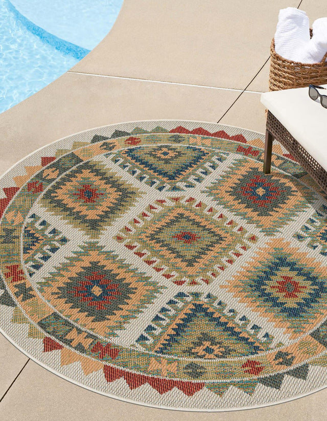 Ivory 7' 10 x 7' 10 Baja Outdoor Round Area Rug Weather Resistant for Patio, Deck, Terrace, Balcony, Porch 100% Polypropylene Modern Outside Decor for Sale at Rug Engine