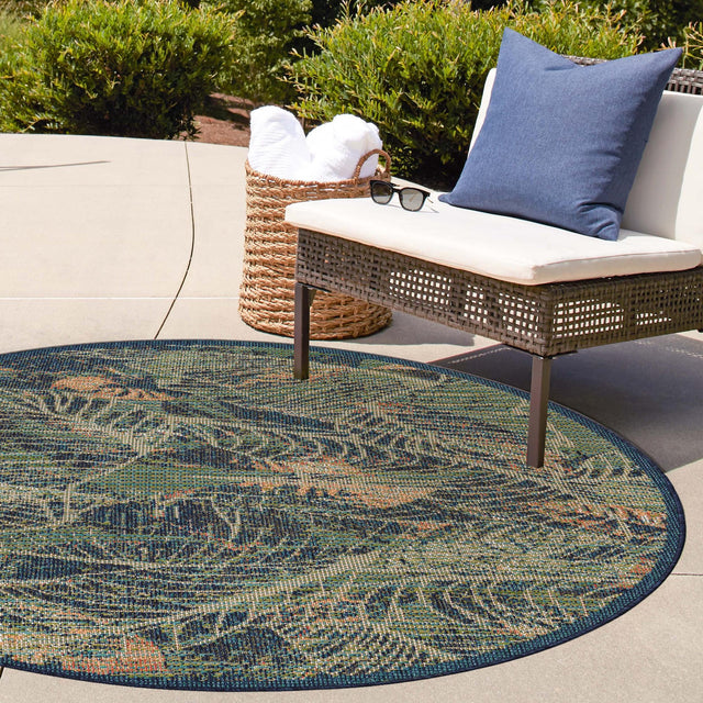 Blue 5' 3 x 5' 3 Baja Outdoor Round Area Rug Weather Resistant for Patio, Deck, Terrace, Balcony, Porch 100% Polypropylene Modern Outside Decor for Sale at Rug Engine