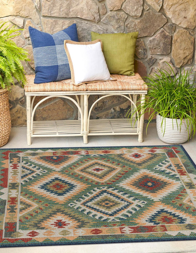 Green 5' 3 x 5' 3 Baja Outdoor Square Area Rug Weather Resistant for Patio, Deck, Terrace, Balcony, Porch 100% Polypropylene Modern Outside Decor for Sale at Rug Engine