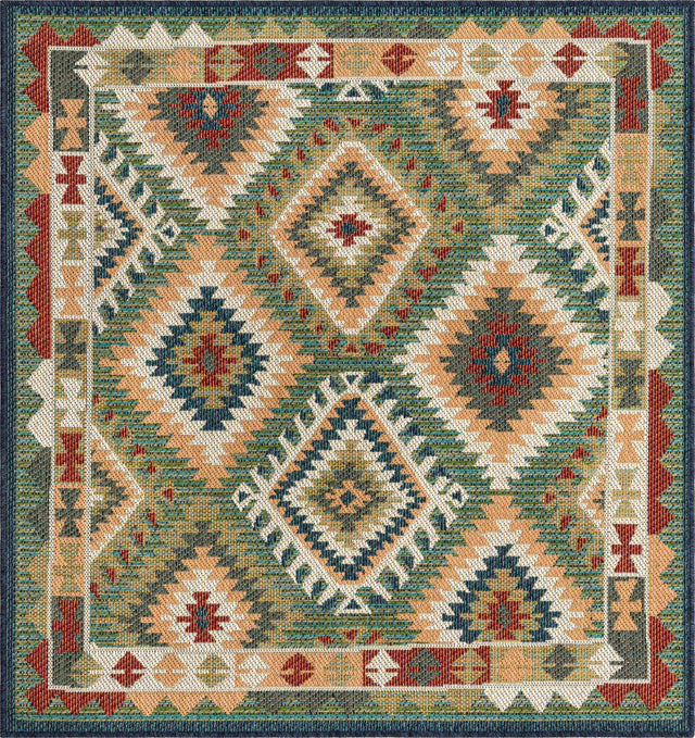 Green 5' 3 x 5' 3 Baja Outdoor Square Area Rug Weather Resistant for Patio, Deck, Terrace, Balcony, Porch 100% Polypropylene Modern Outside Decor for Sale at Rug Engine