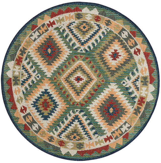 Green 5' 3 x 5' 3 Baja Outdoor Round Area Rug Weather Resistant for Patio, Deck, Terrace, Balcony, Porch 100% Polypropylene Modern Outside Decor for Sale at Rug Engine