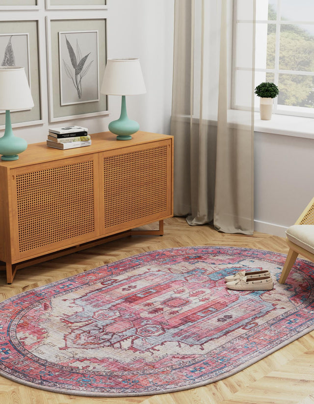 Washable Beige 2' x 3' 1 Maahru Oval Area Rug Easy to Clean Stain Resistant & Durable Polyester Chenille Carpet for Living, Dining, Bedrooms, Kitchen for Sale at Rug Engine