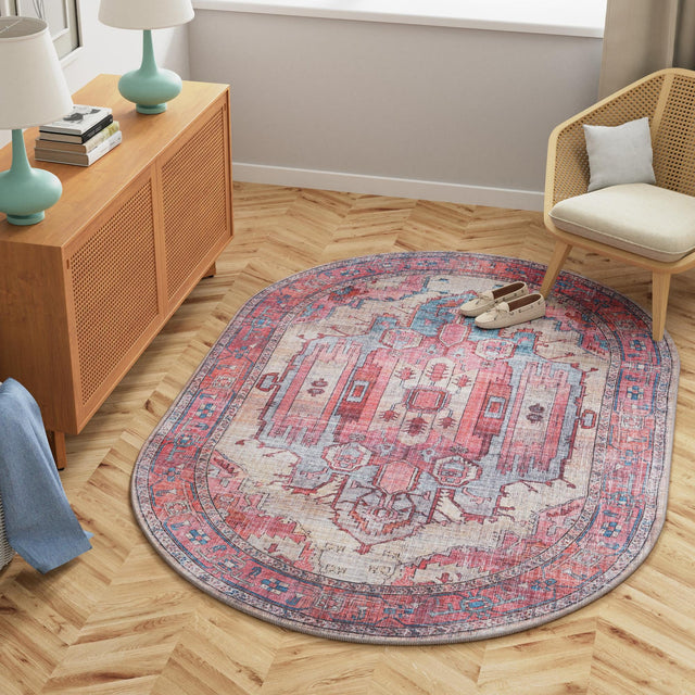 Washable Beige 2' x 3' 1 Maahru Oval Area Rug Easy to Clean Stain Resistant & Durable Polyester Chenille Carpet for Living, Dining, Bedrooms, Kitchen for Sale at Rug Engine