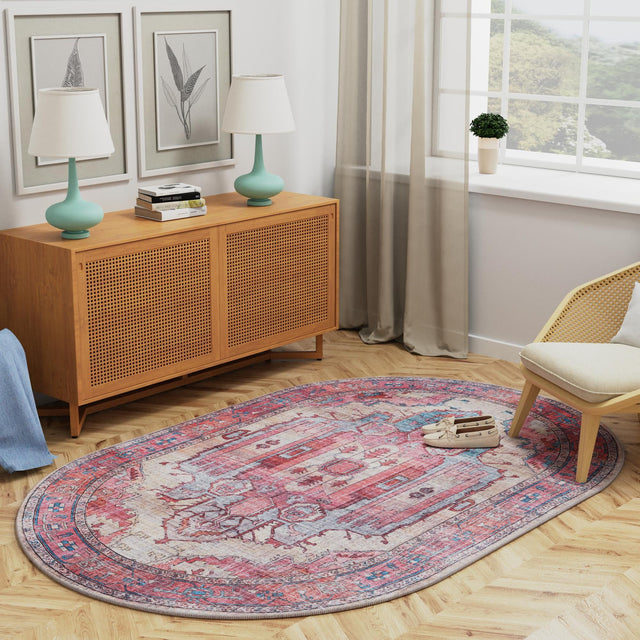 Washable Beige 2' x 3' 1 Maahru Oval Area Rug Easy to Clean Stain Resistant & Durable Polyester Chenille Carpet for Living, Dining, Bedrooms, Kitchen for Sale at Rug Engine