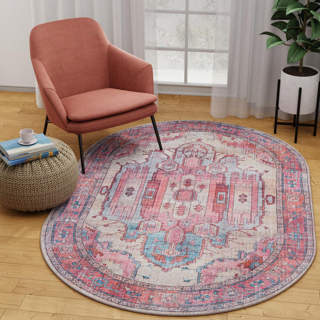 Washable Beige 2' x 3' 1 Maahru Oval Area Rug Easy to Clean Stain Resistant & Durable Polyester Chenille Carpet for Living, Dining, Bedrooms, Kitchen for Sale at Rug Engine