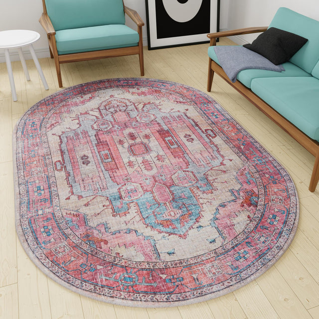 Washable Beige 2' x 3' 1 Maahru Oval Area Rug Easy to Clean Stain Resistant & Durable Polyester Chenille Carpet for Living, Dining, Bedrooms, Kitchen for Sale at Rug Engine