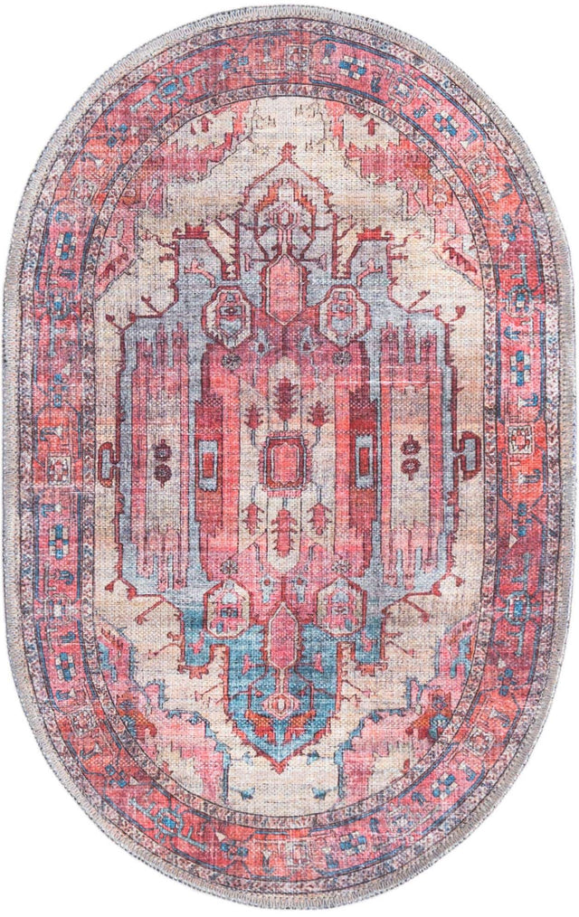 Washable Beige 2' x 3' 1 Maahru Oval Area Rug Easy to Clean Stain Resistant & Durable Polyester Chenille Carpet for Living, Dining, Bedrooms, Kitchen for Sale at Rug Engine