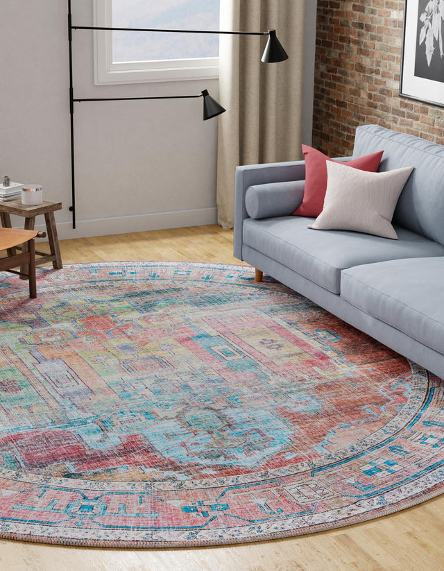 Washable Multicolor 7' 10 x 7' 10 Maahru Round Area Rug Easy to Clean Stain Resistant & Durable Polyester Chenille Carpet for Living, Dining, Bedrooms, Kitchen for Sale at Rug Engine
