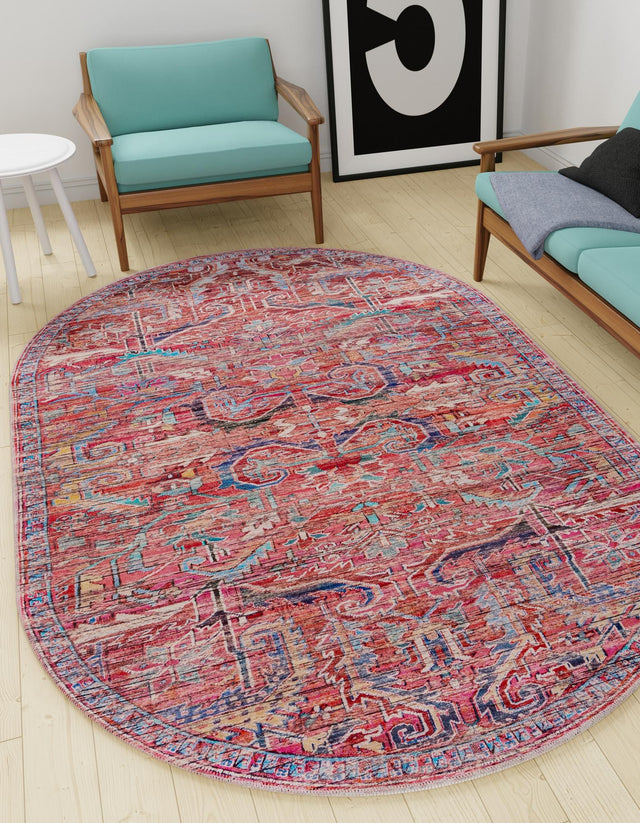 Washable Rust Red 4' 1 x 6' 1 Maahru Oval Area Rug Easy to Clean Stain Resistant & Durable Polyester Chenille Carpet for Living, Dining, Bedrooms, Kitchen for Sale at Rug Engine