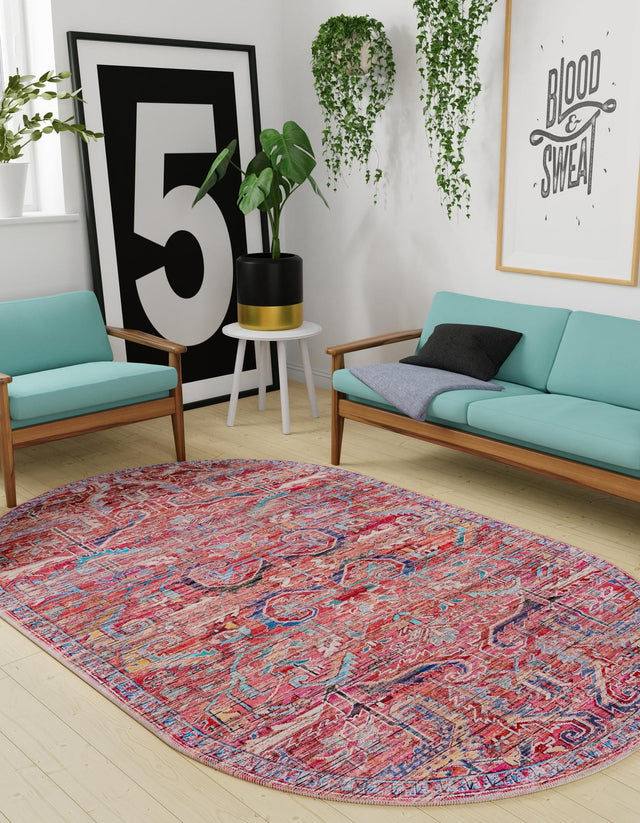 Washable Rust Red 4' 1 x 6' 1 Maahru Oval Area Rug Easy to Clean Stain Resistant & Durable Polyester Chenille Carpet for Living, Dining, Bedrooms, Kitchen for Sale at Rug Engine