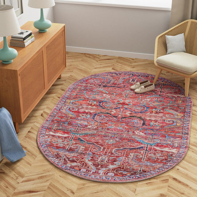 Washable Rust Red 4' 1 x 6' 1 Maahru Oval Area Rug Easy to Clean Stain Resistant & Durable Polyester Chenille Carpet for Living, Dining, Bedrooms, Kitchen for Sale at Rug Engine