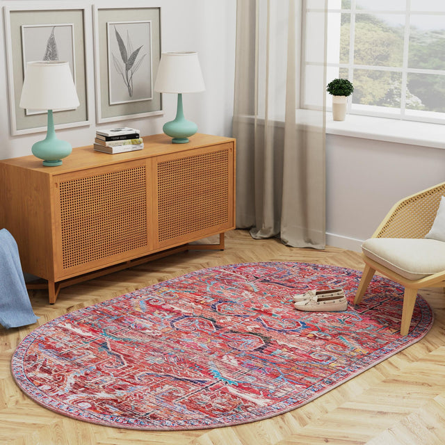 Washable Rust Red 4' 1 x 6' 1 Maahru Oval Area Rug Easy to Clean Stain Resistant & Durable Polyester Chenille Carpet for Living, Dining, Bedrooms, Kitchen for Sale at Rug Engine