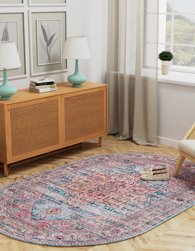 Washable Blue 5' 3 x 8' Maahru Oval Area Rug Easy to Clean Stain Resistant & Durable Polyester Chenille Carpet for Living, Dining, Bedrooms, Kitchen for Sale at Rug Engine