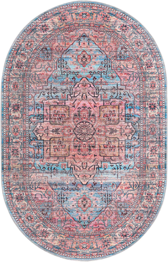 Washable Blue 5' 3 x 8' Maahru Oval Area Rug Easy to Clean Stain Resistant & Durable Polyester Chenille Carpet for Living, Dining, Bedrooms, Kitchen for Sale at Rug Engine