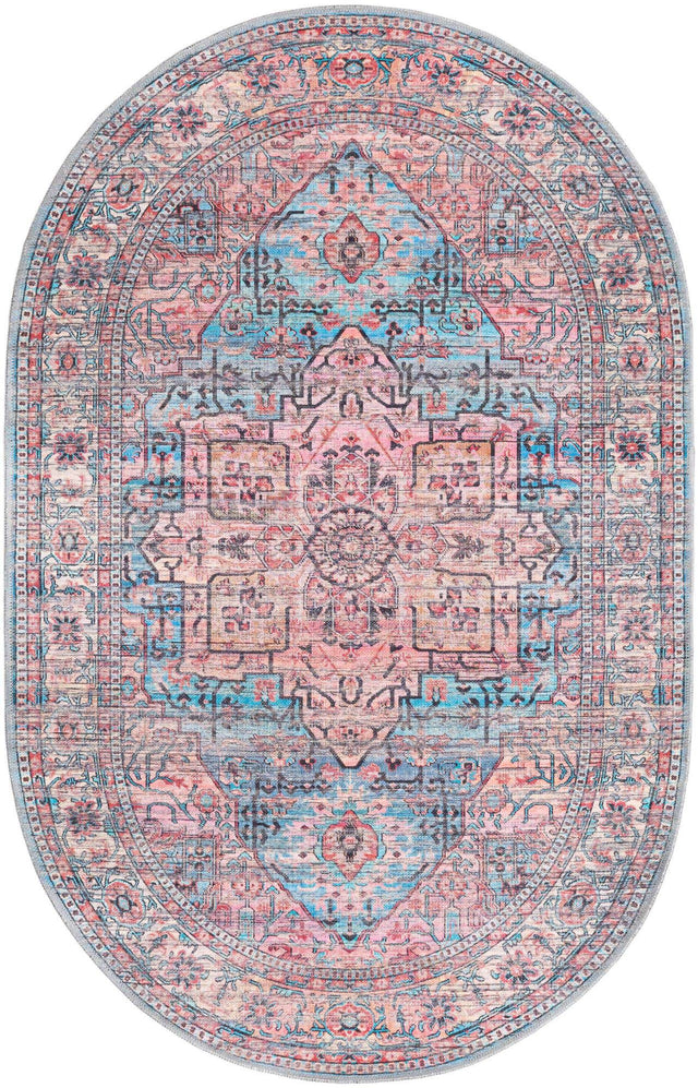 Washable Blue 4' 1 x 6' 1 Maahru Oval Area Rug Easy to Clean Stain Resistant & Durable Polyester Chenille Carpet for Living, Dining, Bedrooms, Kitchen for Sale at Rug Engine