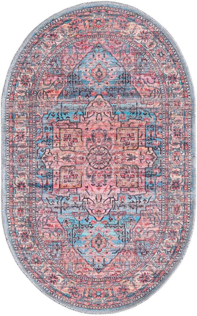 Washable Blue 2' x 3' 1 Maahru Oval Area Rug Easy to Clean Stain Resistant & Durable Polyester Chenille Carpet for Living, Dining, Bedrooms, Kitchen for Sale at Rug Engine