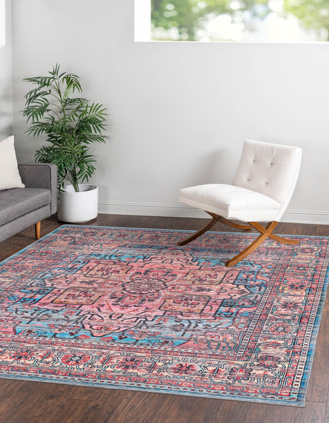 Washable Blue 7' 10 x 7' 10 Maahru Square Area Rug Easy to Clean Stain Resistant & Durable Polyester Chenille Carpet for Living, Dining, Bedrooms, Kitchen for Sale at Rug Engine