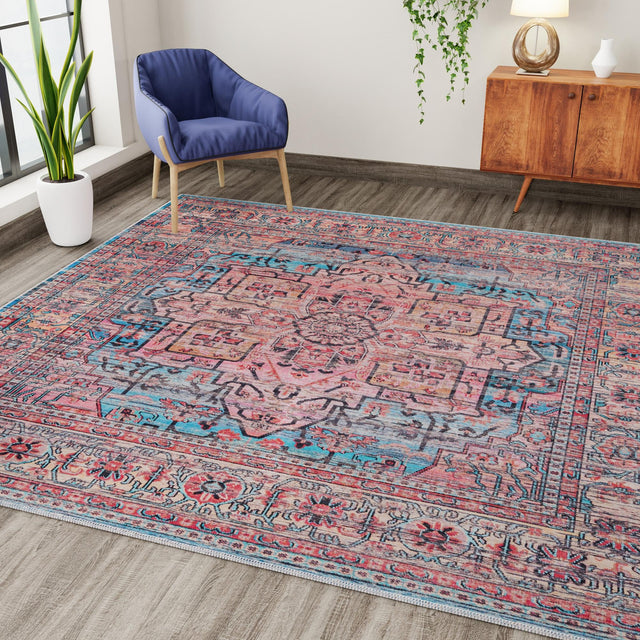 Washable Blue 7' 3 x 7' 3 Maahru Square Area Rug Easy to Clean Stain Resistant & Durable Polyester Chenille Carpet for Living, Dining, Bedrooms, Kitchen for Sale at Rug Engine
