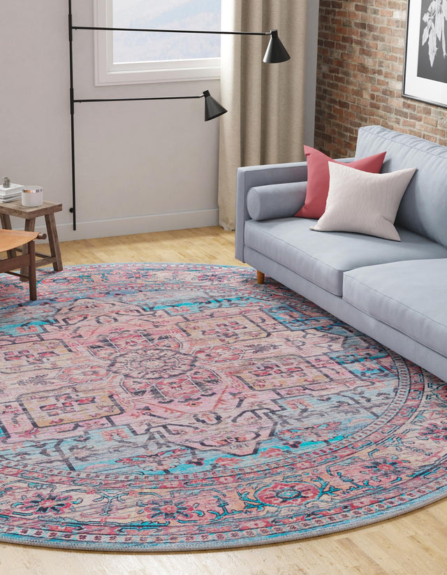 Washable Blue 10' 6 x 10' 6 Maahru Round Area Rug Easy to Clean Stain Resistant & Durable Polyester Chenille Carpet for Living, Dining, Bedrooms, Kitchen for Sale at Rug Engine
