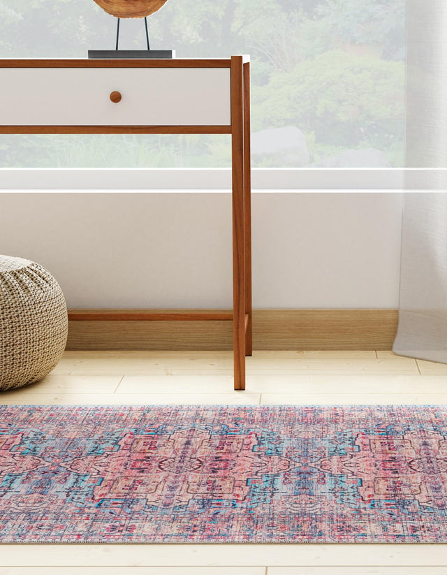Washable Blue 2' 7 x 13' 1 Maahru Runner Area Rug Easy to Clean Stain Resistant & Durable Polyester Chenille Carpet for Living, Dining, Bedrooms, Kitchen for Sale at Rug Engine