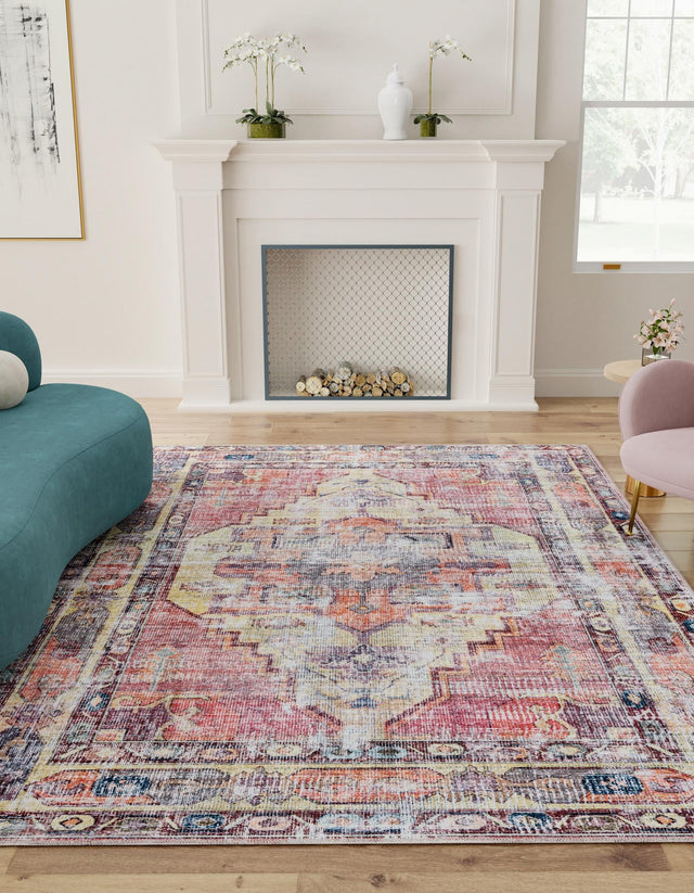 Washable Yellow Pink 5' 3 x 8' Maahru Rectangle Area Rug Easy to Clean Stain Resistant & Durable Polyester Chenille Carpet for Living, Dining, Bedrooms, Kitchen for Sale at Rug Engine