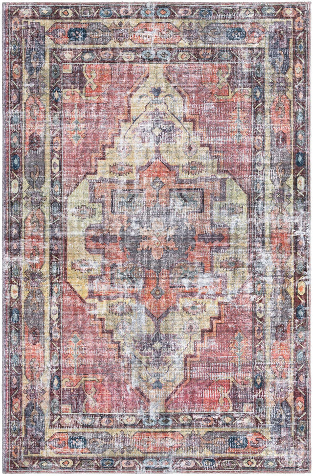 Washable Yellow Pink 6' 1 x 9' Maahru Rectangle Area Rug Easy to Clean Stain Resistant & Durable Polyester Chenille Carpet for Living, Dining, Bedrooms, Kitchen for Sale at Rug Engine